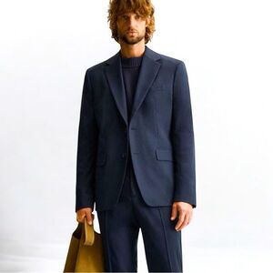 Zara Man Diamond Jaquard Textured Navy Blue Blazer 2 -Button Single Breasted 36R